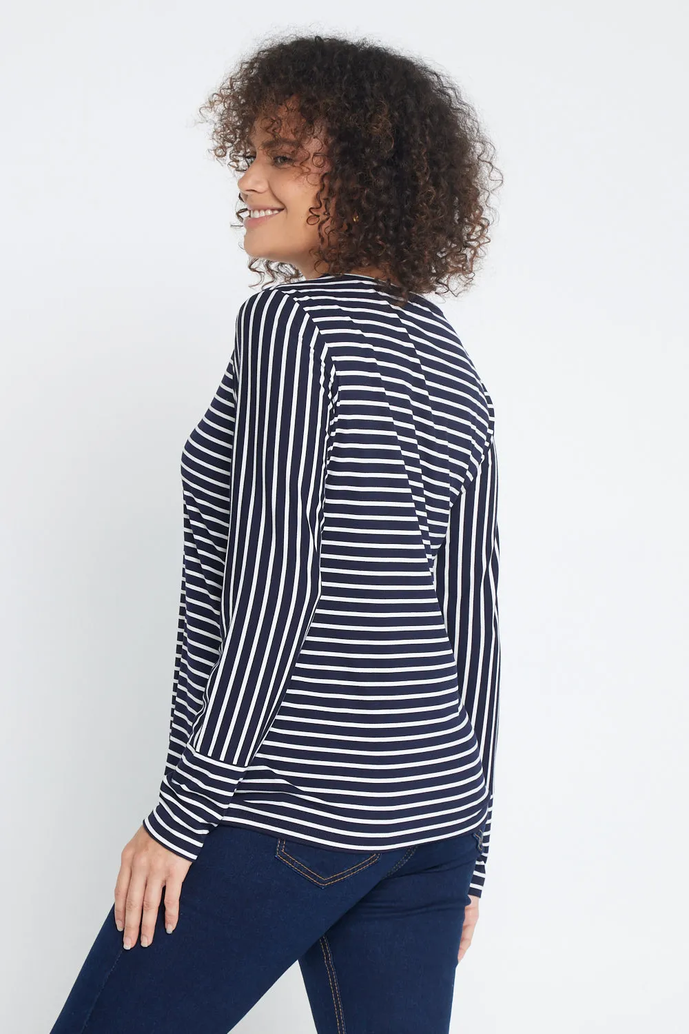 Leoni Long Sleeve Cotton Tee - Navy Stripe