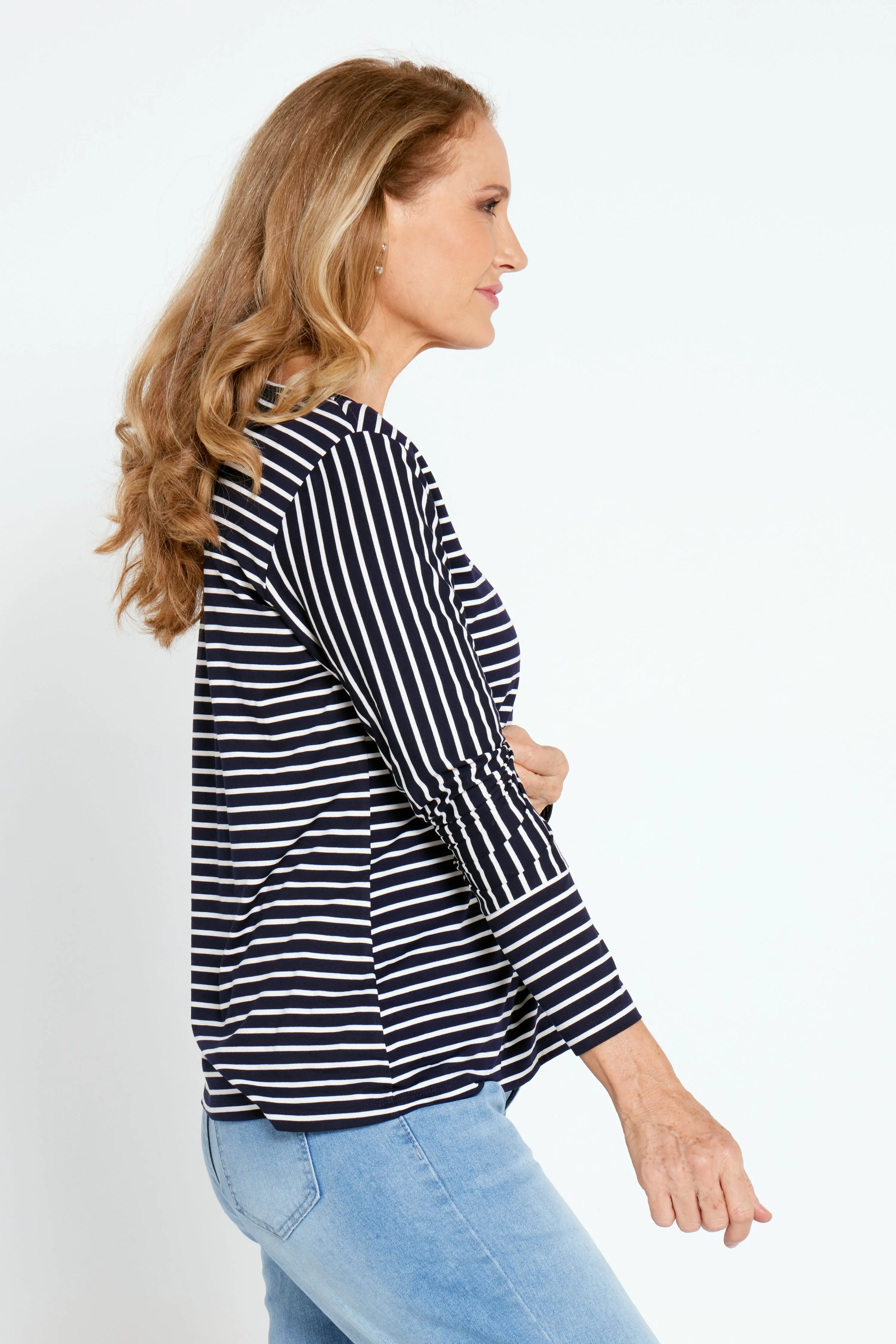 Leoni Long Sleeve Cotton Tee - Navy Stripe