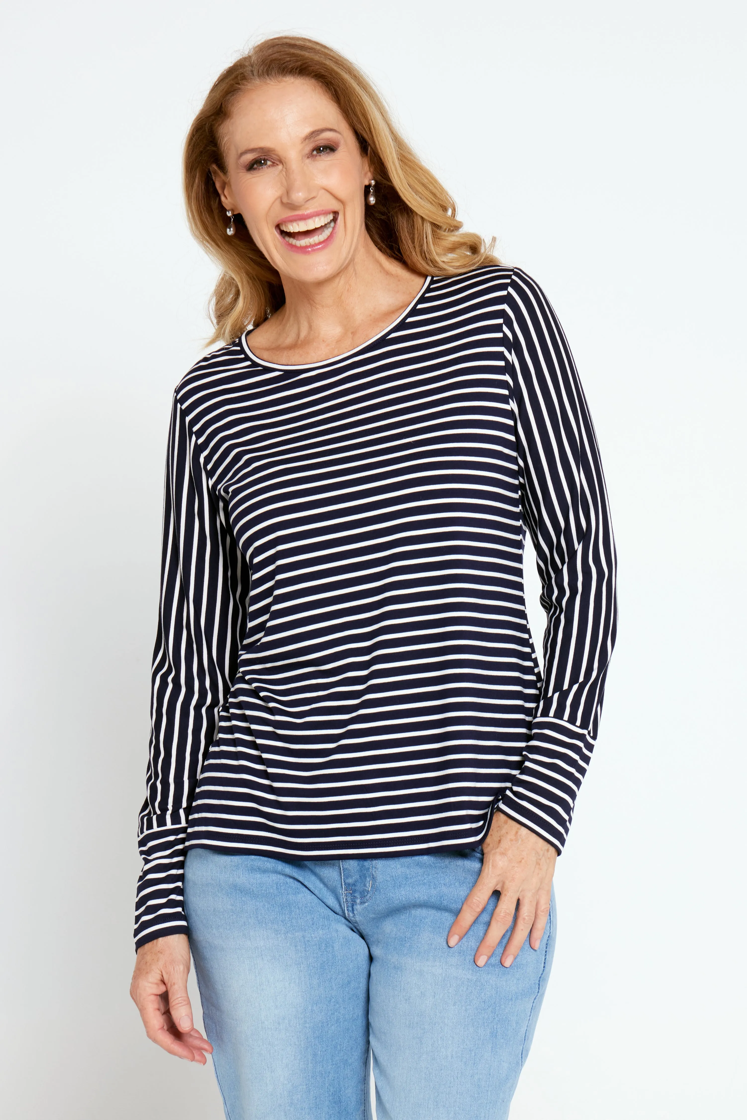 Leoni Long Sleeve Cotton Tee - Navy Stripe