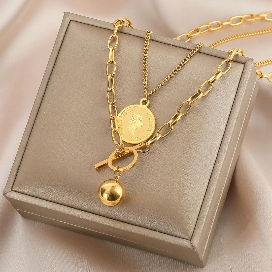 Long Necklaces Charm Jewelry Double Layers Coin Cross ET517