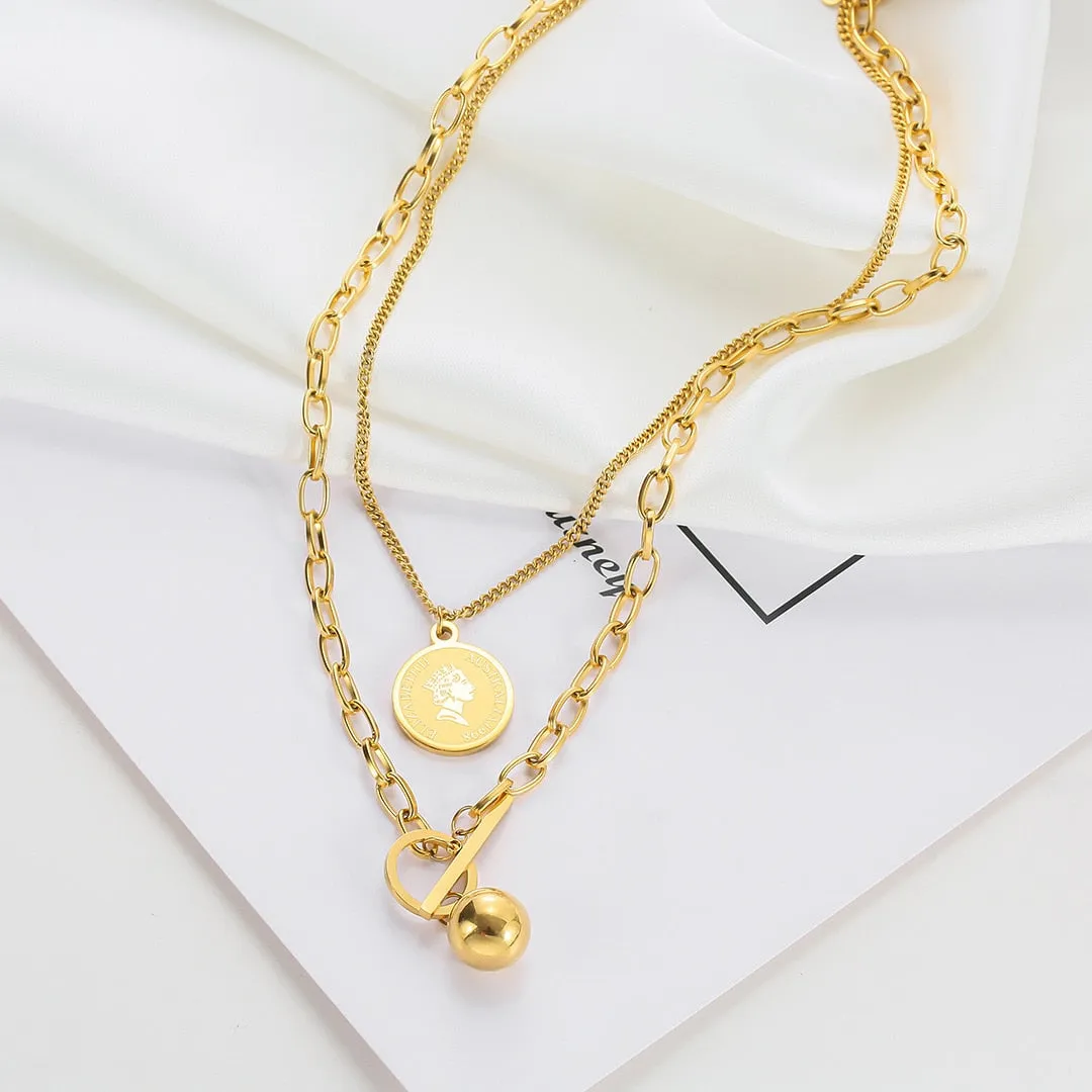 Long Necklaces Charm Jewelry Double Layers Coin Cross ET517