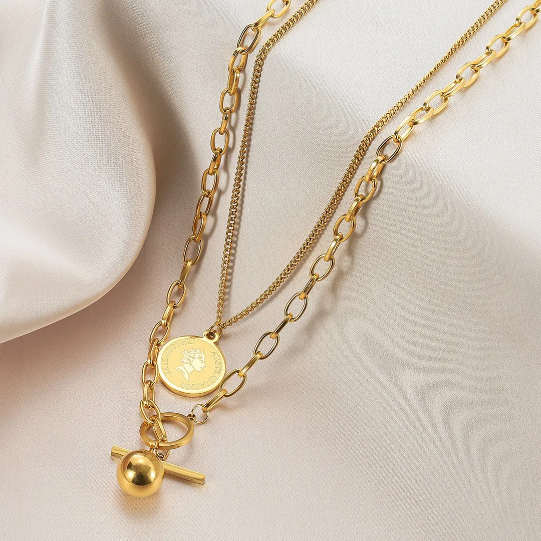 Long Necklaces Charm Jewelry Double Layers Coin Cross ET517