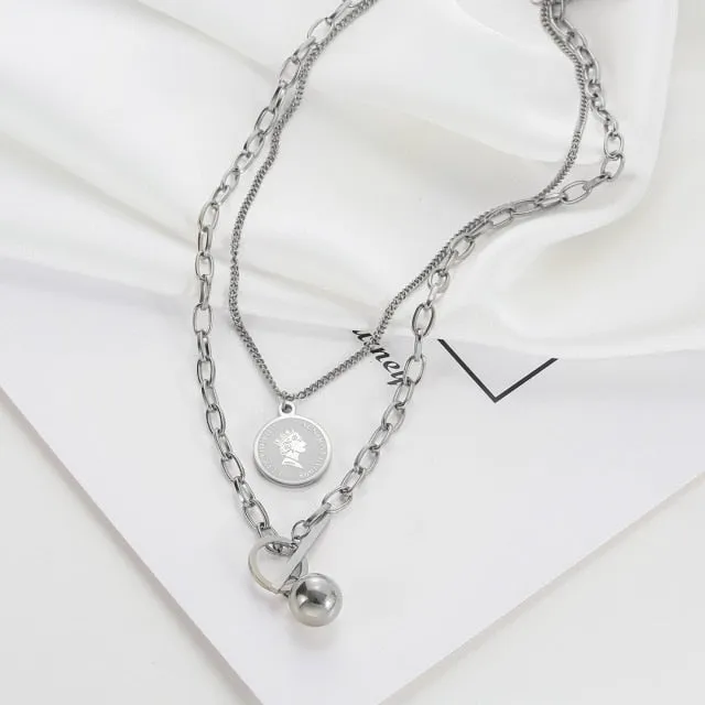 Long Necklaces Charm Jewelry Double Layers Coin Cross ET517