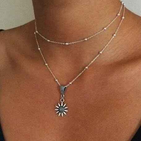 Luxcastle Silver Layered Flower Choker Pendant Necklace Sunflower Charm Pendant Necklace Beaded Choker Multilayer Station Chain for Women