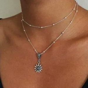 Luxcastle Silver Layered Flower Choker Pendant Necklace Sunflower Charm Pendant Necklace Beaded Choker Multilayer Station Chain for Women