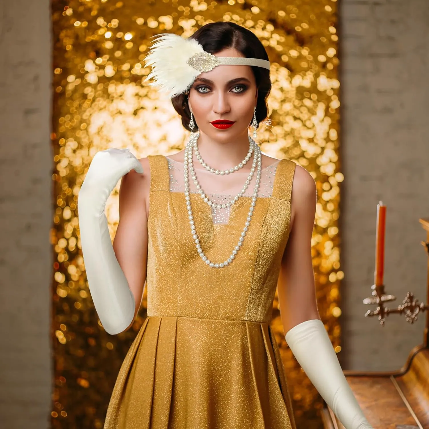 Maitys 1920s Accessories Set for Women Flapper Costume Feather Headband Necklace Bracelet Earrings