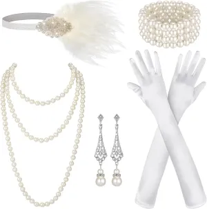 Maitys 1920s Accessories Set for Women Flapper Costume Feather Headband Necklace Bracelet Earrings