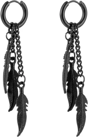 MALOYANVE Feather Dangle Earrings for Men Women 316L Surgical Stainless Steel Huggie Hoop Dangle Earrings Punk Hip Hop Vintage Feather Drop Earrings