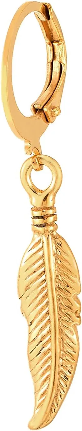 Mens Womens Stainless Steel Huggie Hinged Hoop Earrings with Dangling Vintage Feather Leaf