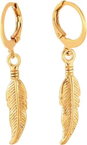 Mens Womens Stainless Steel Huggie Hinged Hoop Earrings with Dangling Vintage Feather Leaf