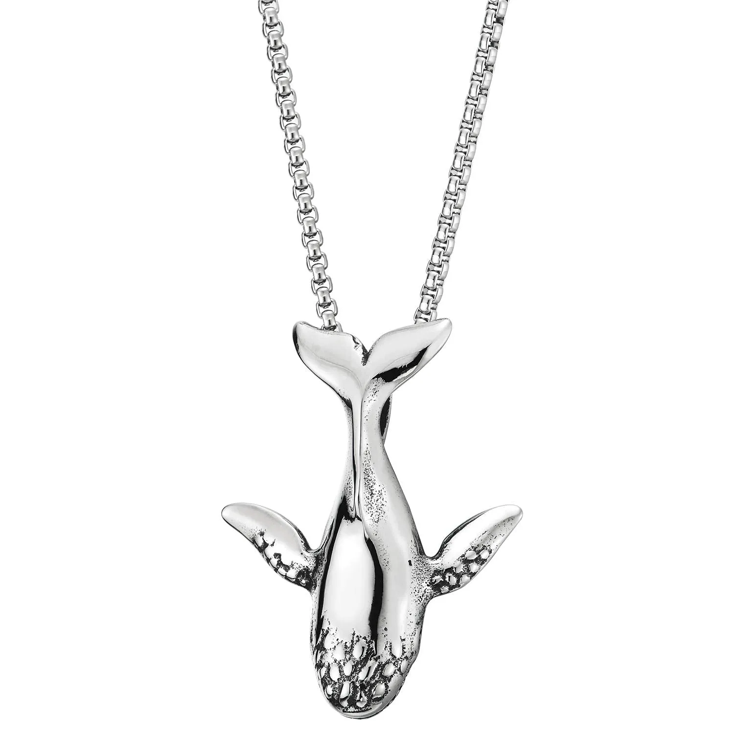 Mens Womens Stainless Steel Vintage Whale Pendant Necklace with 30 inch Wheat Chain, Unique