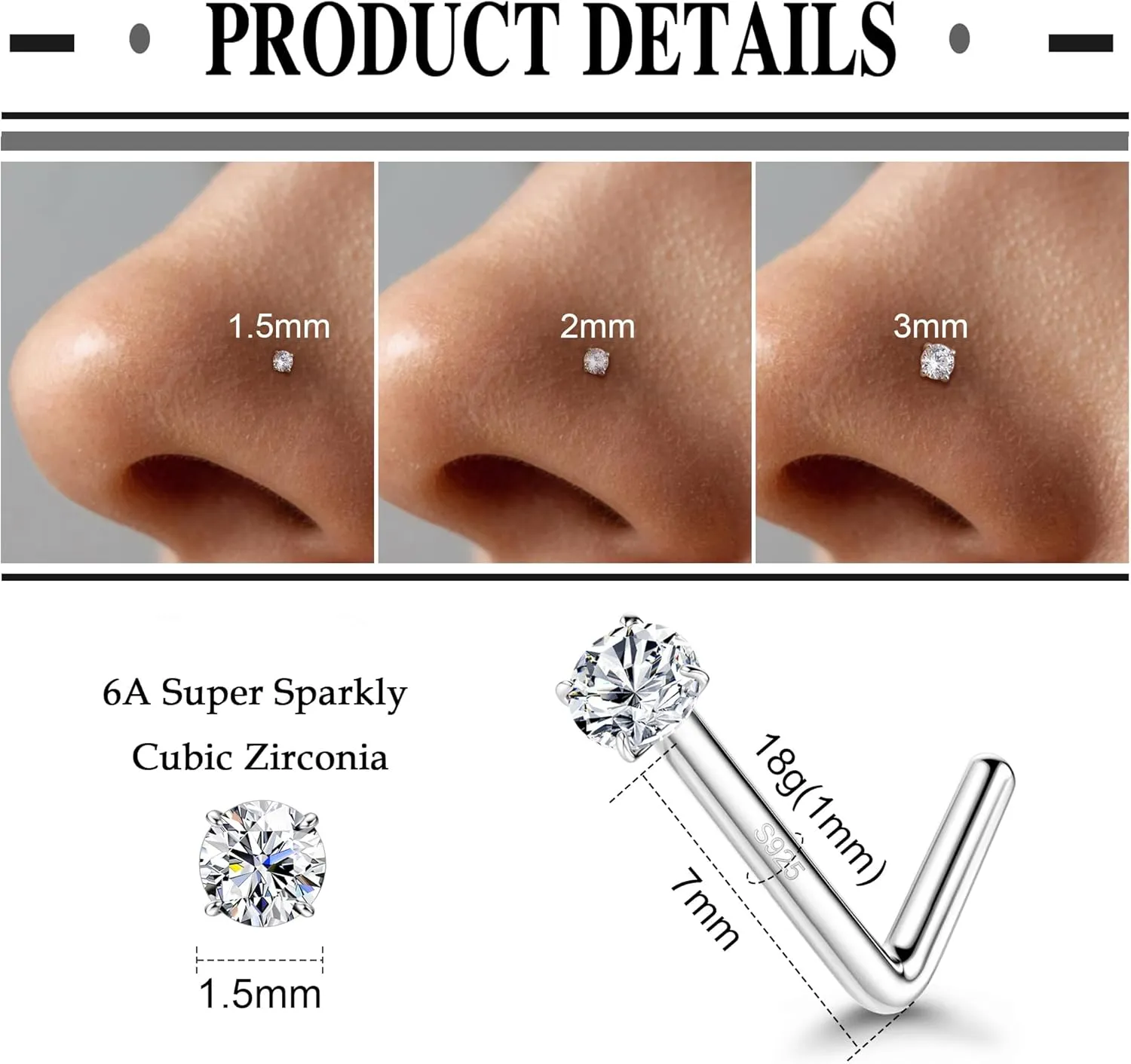 MILACOLATO 925 Sterling Silver Nose Studs, 18G 20G L Shaped Nose Rings, Simulated Diamond CZ Hypoallergenic Nose Piercings for Women Men 1.5 2 3MM