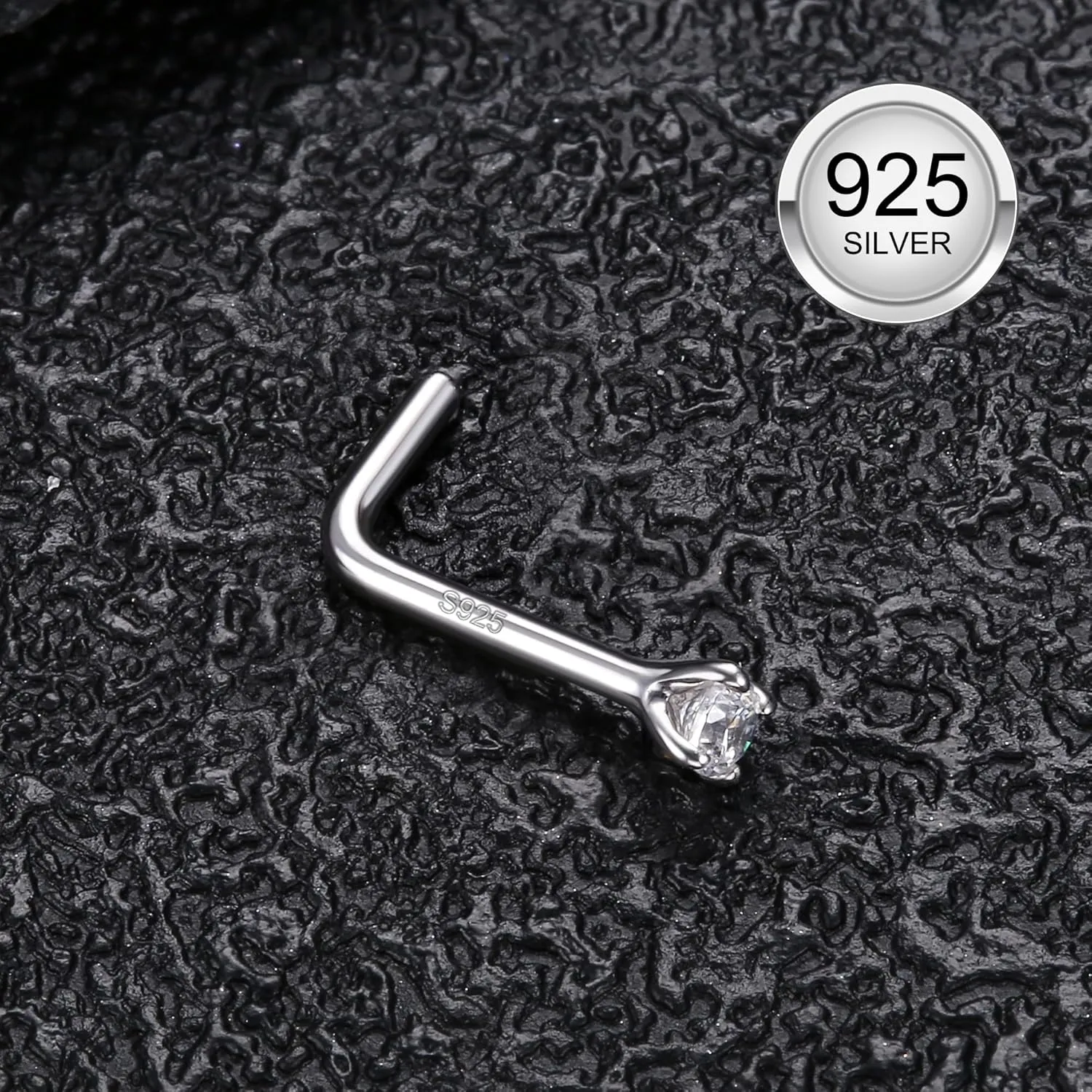 MILACOLATO 925 Sterling Silver Nose Studs, 18G 20G L Shaped Nose Rings, Simulated Diamond CZ Hypoallergenic Nose Piercings for Women Men 1.5 2 3MM