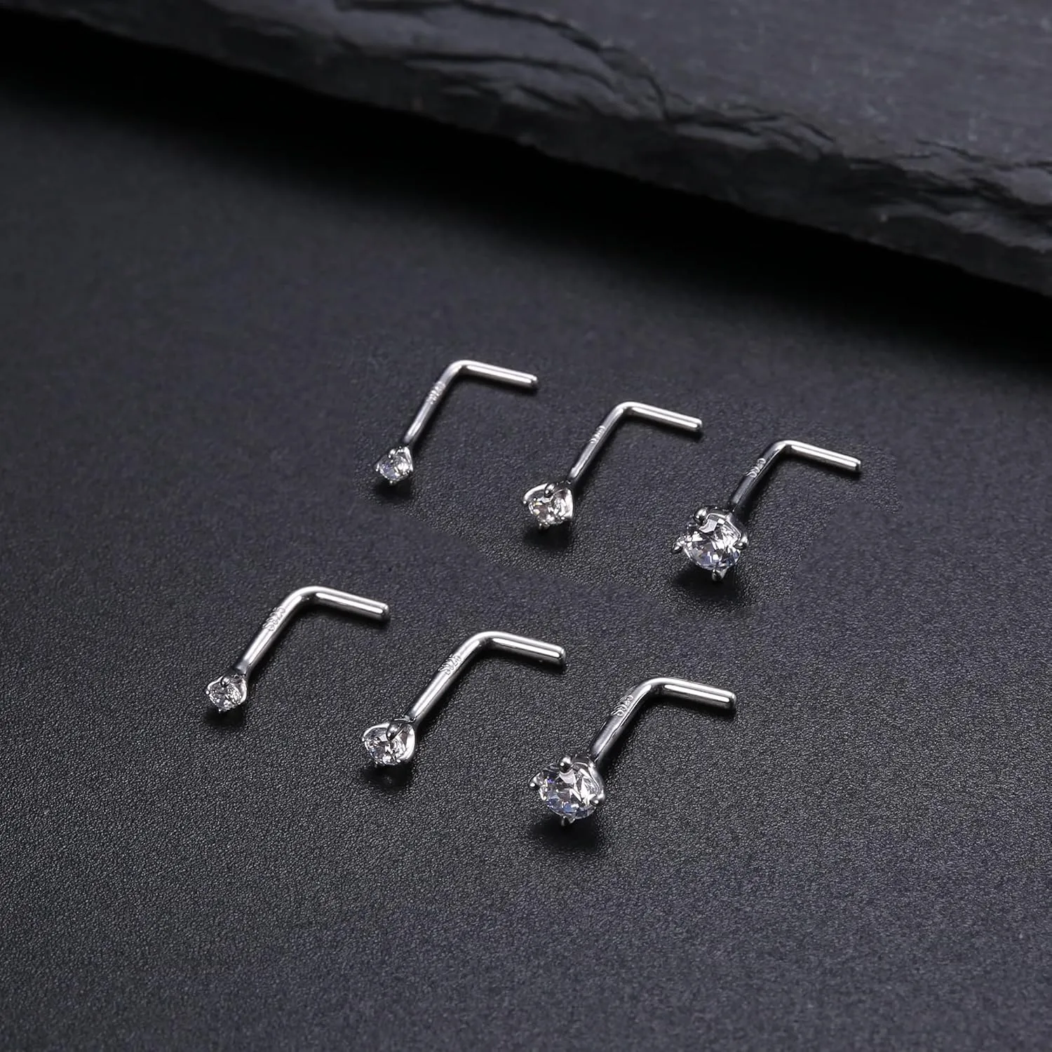 MILACOLATO 925 Sterling Silver Nose Studs, 18G 20G L Shaped Nose Rings, Simulated Diamond CZ Hypoallergenic Nose Piercings for Women Men 1.5 2 3MM