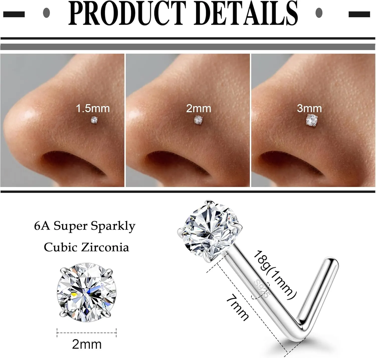 MILACOLATO 925 Sterling Silver Nose Studs, 18G 20G L Shaped Nose Rings, Simulated Diamond CZ Hypoallergenic Nose Piercings for Women Men 1.5 2 3MM