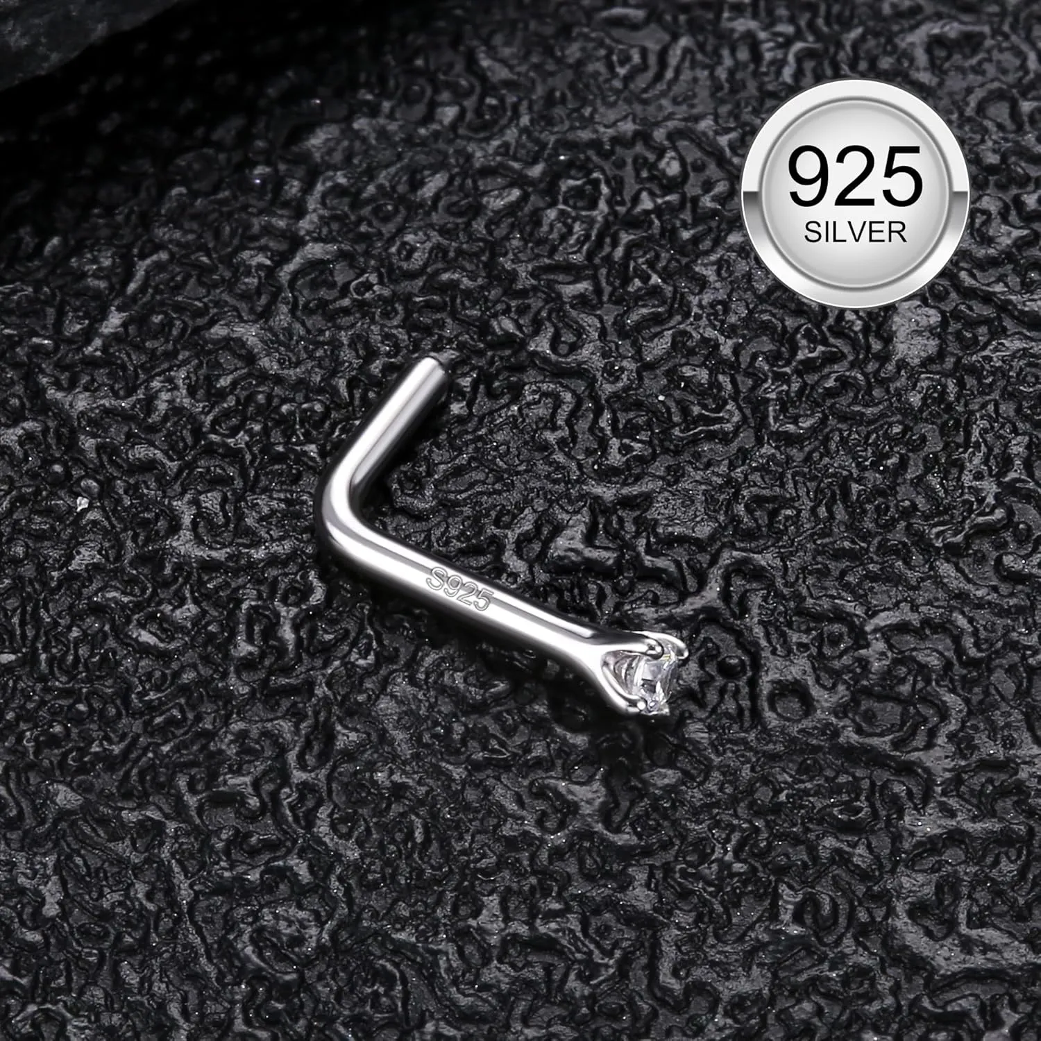 MILACOLATO 925 Sterling Silver Nose Studs, 18G 20G L Shaped Nose Rings, Simulated Diamond CZ Hypoallergenic Nose Piercings for Women Men 1.5 2 3MM