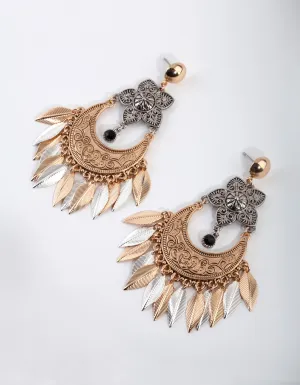 Mixed Metal Large Leaf Tassel Earrings