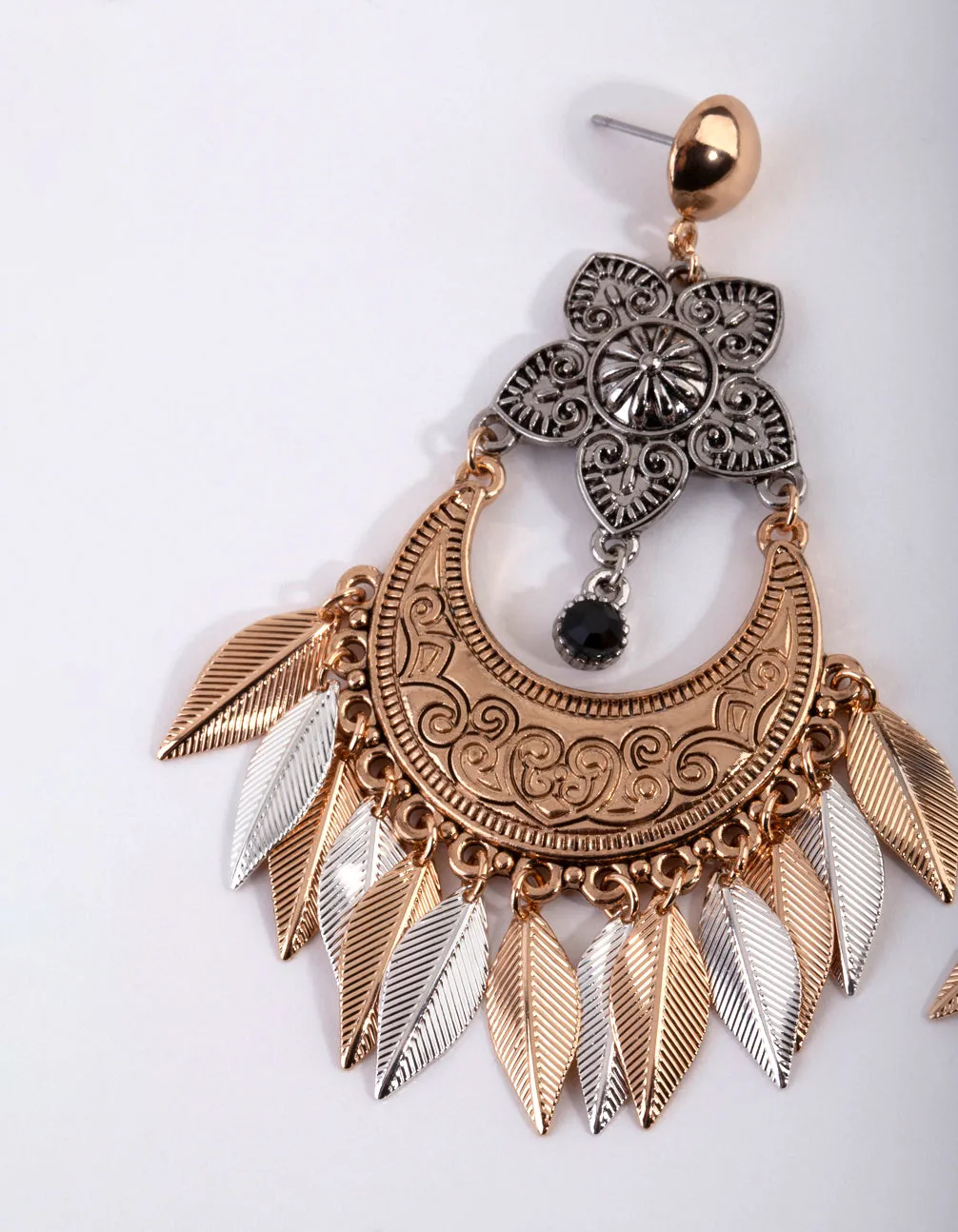 Mixed Metal Large Leaf Tassel Earrings