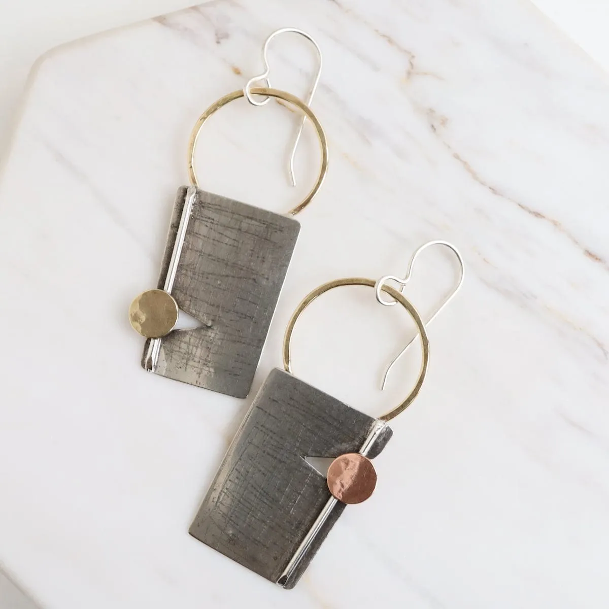 Mixed Metal Rectangles With Dot Earrings