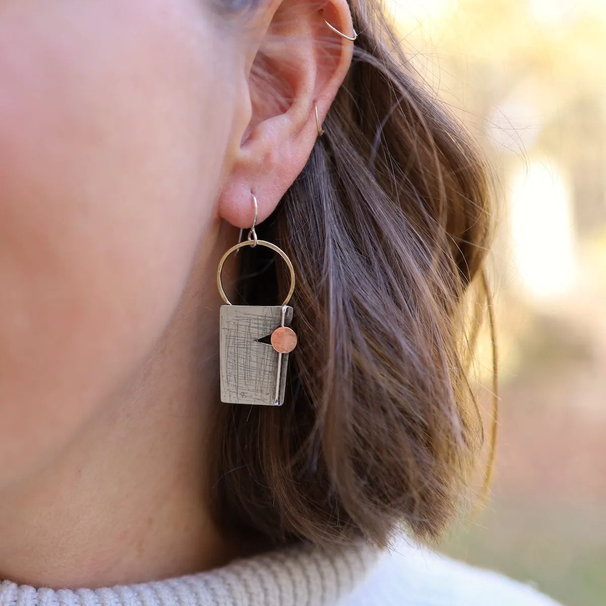 Mixed Metal Rectangles With Dot Earrings