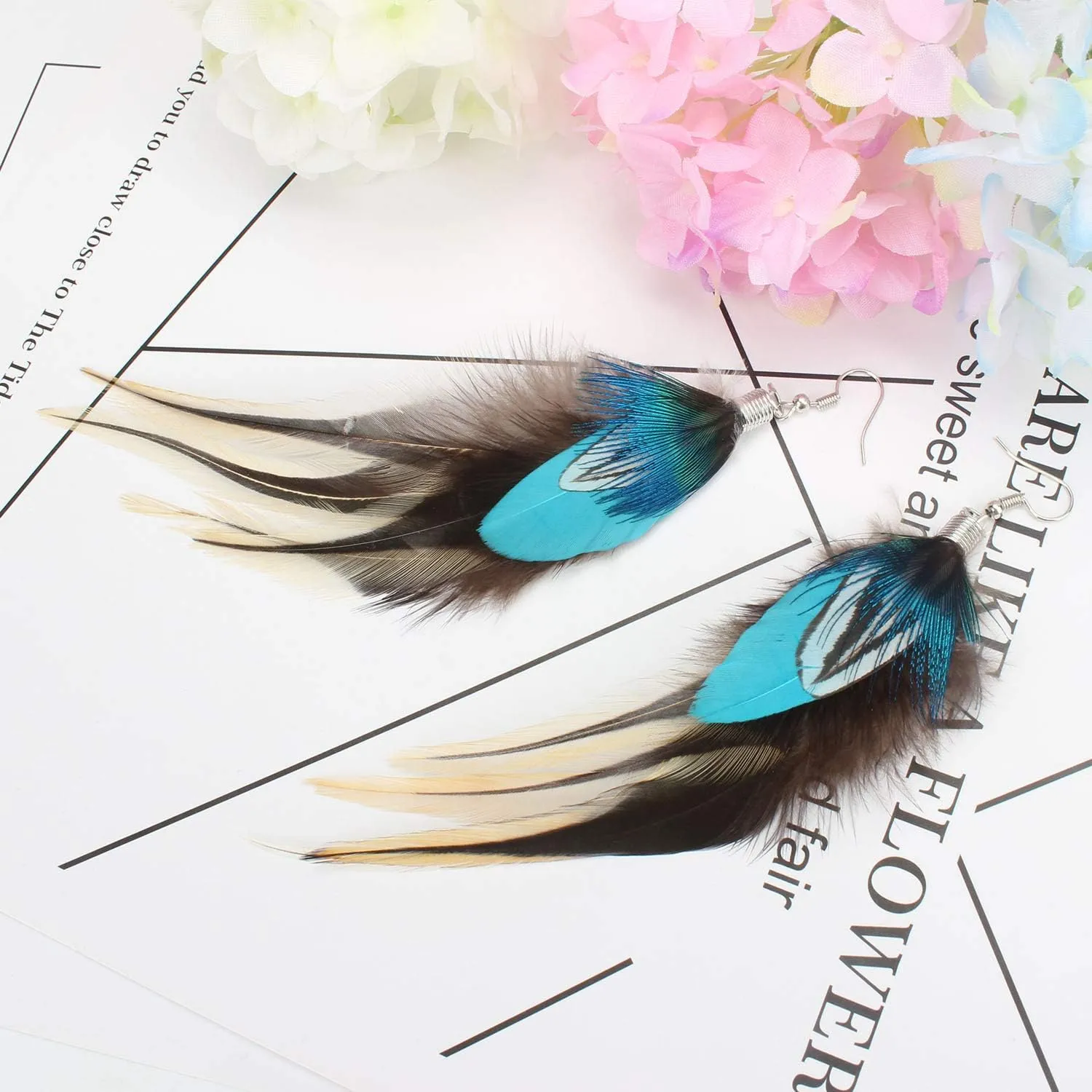 Native Feather Dangle Earrings for Women Long Peacock Boho Hook Earring