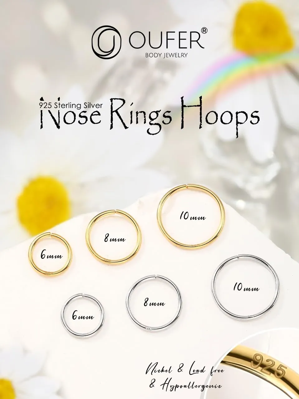 OUFER 925 Sterling Silver Nose Ring Hoop for Women, 20G Thin Nose Piercing Jewelry, Nose Piercings, Snug 8mm Hoop Nose Rings, Body Jewelry Piercing Hoops-Silver