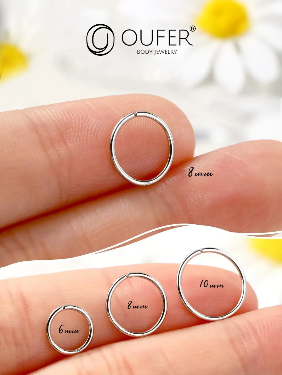 OUFER 925 Sterling Silver Nose Ring Hoop for Women, 20G Thin Nose Piercing Jewelry, Nose Piercings, Snug 8mm Hoop Nose Rings, Body Jewelry Piercing Hoops-Silver