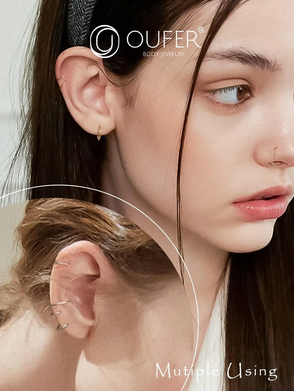 OUFER 925 Sterling Silver Nose Ring Hoop for Women, 20G Thin Nose Piercing Jewelry, Nose Piercings, Snug 8mm Hoop Nose Rings, Body Jewelry Piercing Hoops-Silver