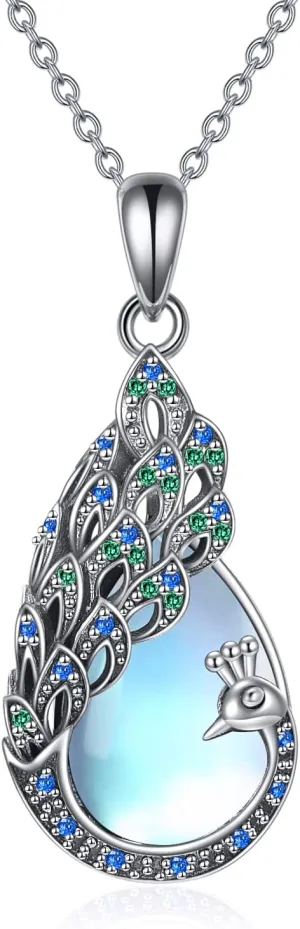 Peacock Necklace for Women Sterling Silver Moonstone Peacock Necklace Peacock Bird Feather Pendant Jewelry for Peacock Lovers