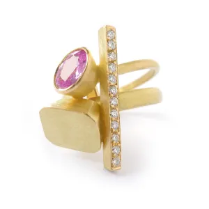 Pink sapphire and diamond and yellow gold ring