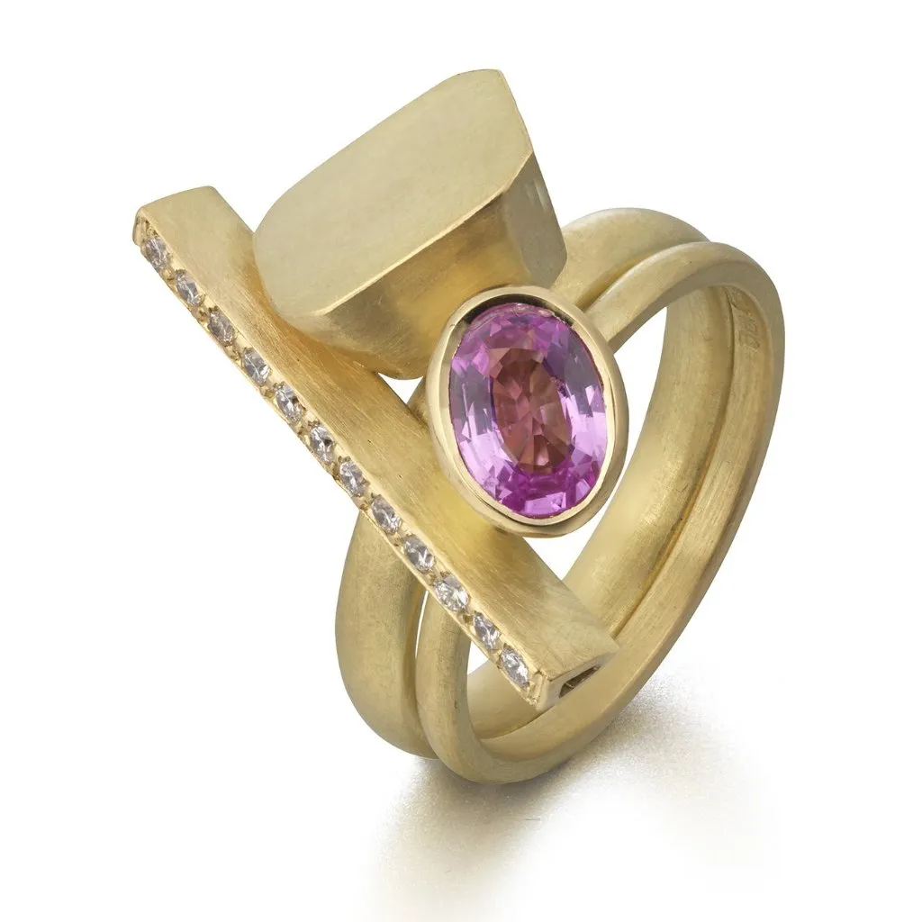 Pink sapphire and diamond and yellow gold ring