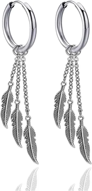 Punk Rock Stainless Steel Feather Drop Dangle Earrings Huggie Hinged Hoop Earrings,2PCS