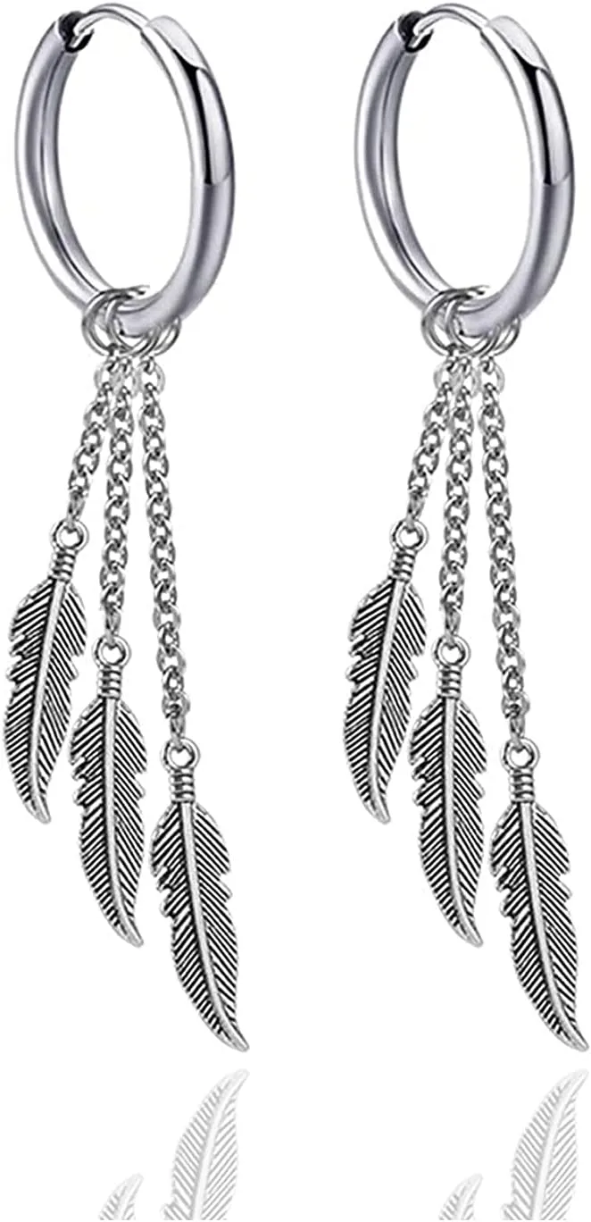Punk Rock Stainless Steel Feather Drop Dangle Earrings Huggie Hinged Hoop Earrings,2PCS