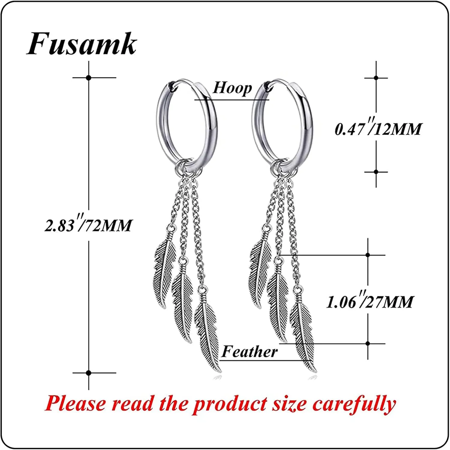 Punk Rock Stainless Steel Feather Drop Dangle Earrings Huggie Hinged Hoop Earrings,2PCS