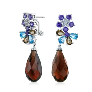 Purple Burgundy CZ Flower Dangle Chandelier Earrings for Prom Silver Plated