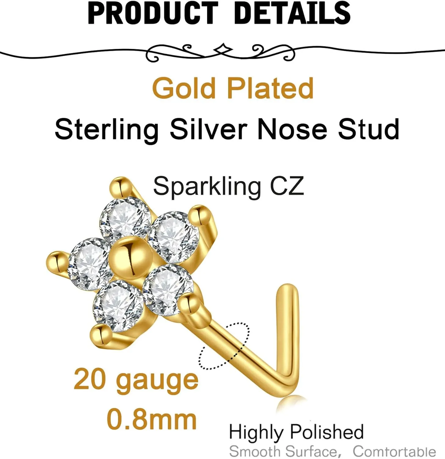 QWALIT Sterling Silver Nose Stud Silver Gold Nose Studs Sterling Silver 925 Stud Nose Ring For Women Diamond Nose Stud Heart Star Flower 20G Nose Stud Surgical Steel Nose Piercings Stud 20 gauge