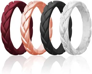 ROQ Silicone Rubber Wedding Rings for Women, Thin Stackable Rubber Silicone Wedding Band, Bridal Jewelry Set, Anniversary Rings, Promise Ring, Flame Leaves & Leaves Style, Multi Packs, Multi Colors