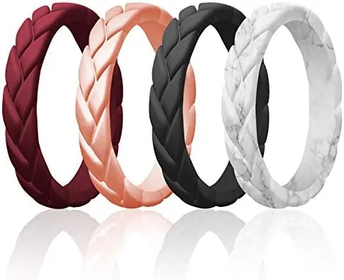 ROQ Silicone Rubber Wedding Rings for Women, Thin Stackable Rubber Silicone Wedding Band, Bridal Jewelry Set, Anniversary Rings, Promise Ring, Flame Leaves & Leaves Style, Multi Packs, Multi Colors