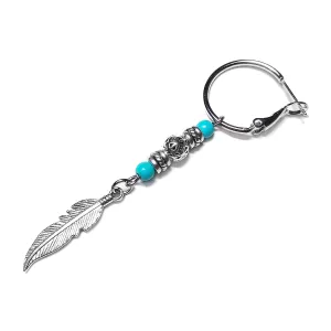 Silver Feather Earring for Men with Turquoise Gemstone - Single Pirate Style Hoop Earrings