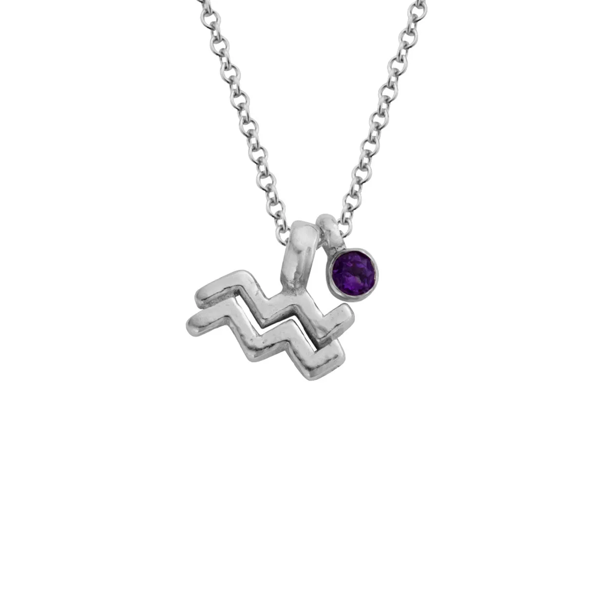 Silver Mini Aquarius Horoscope & Mini Amethyst Birthstone Necklace