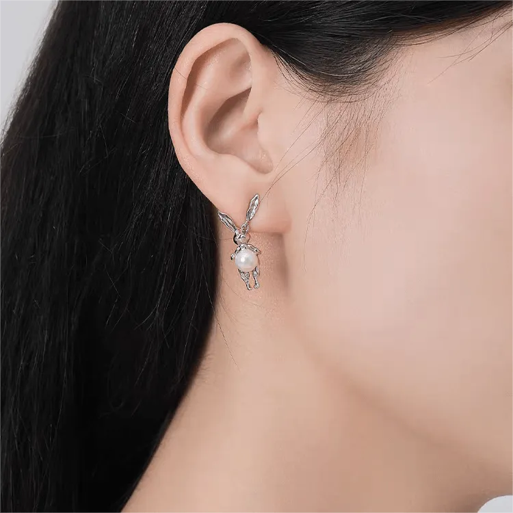 Silver Rabbit Pearl Earrings