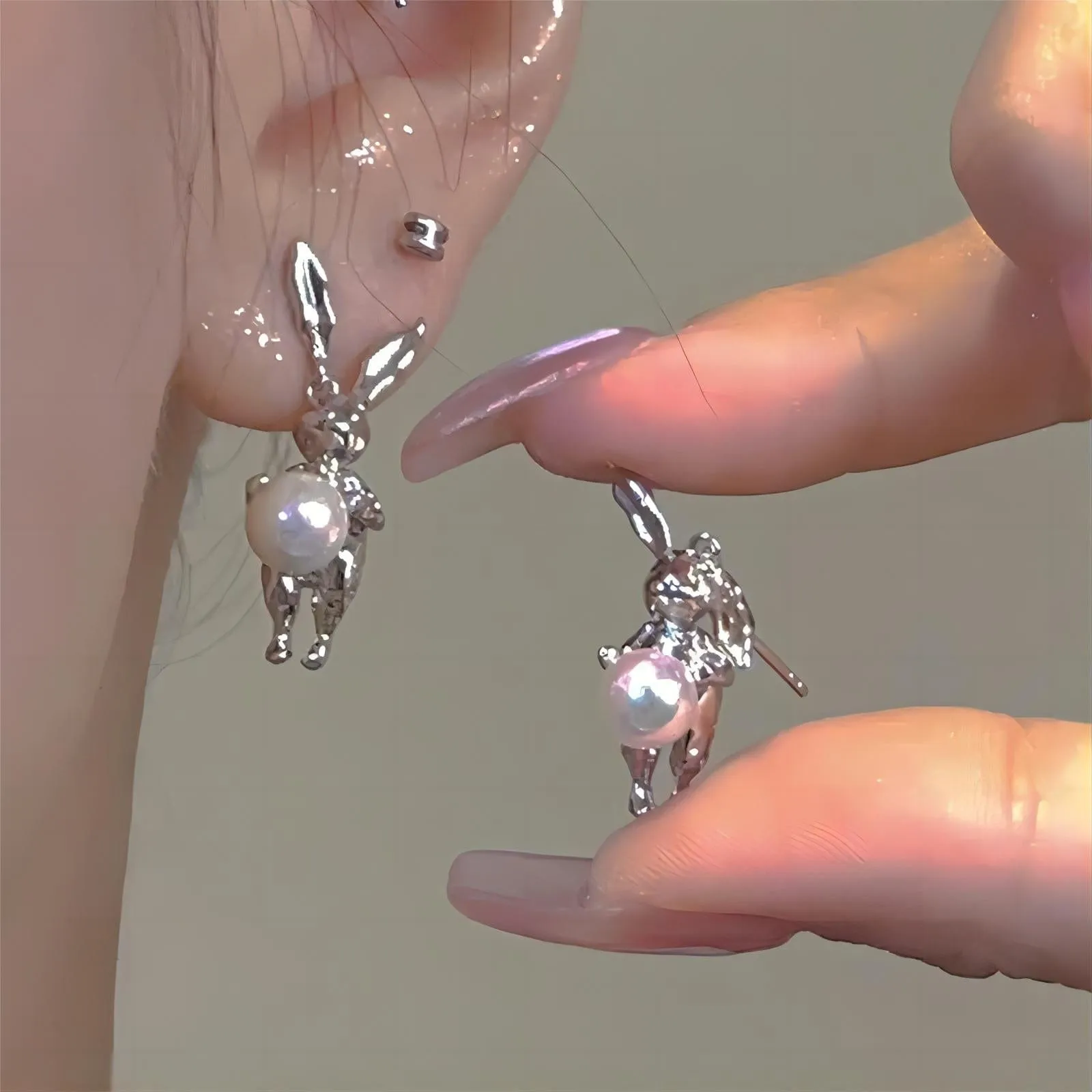 Silver Rabbit Pearl Earrings