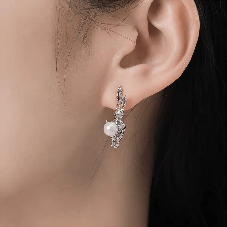 Silver Rabbit Pearl Earrings
