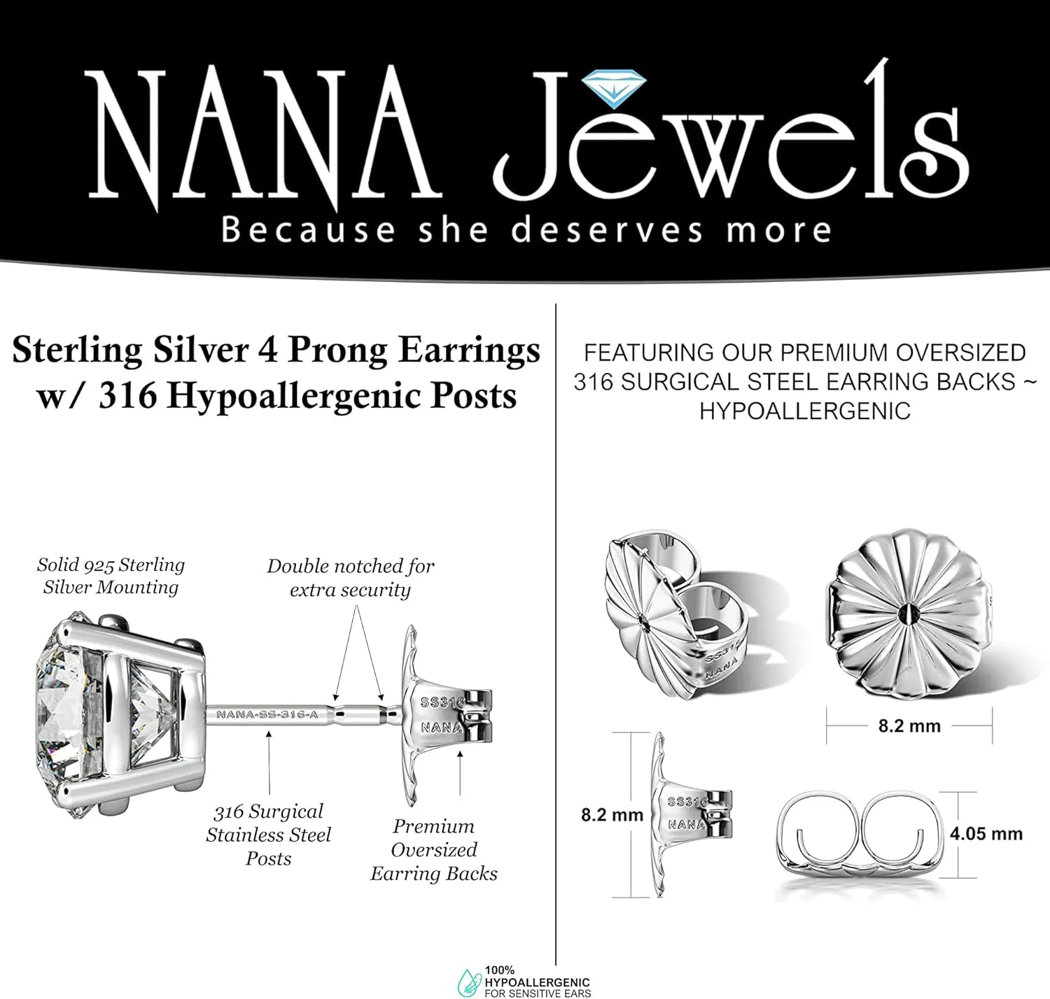 Simulated Diamond Stud Earrings Round Solid Sterling Silver Hypoallergenic 0.308.00cttw