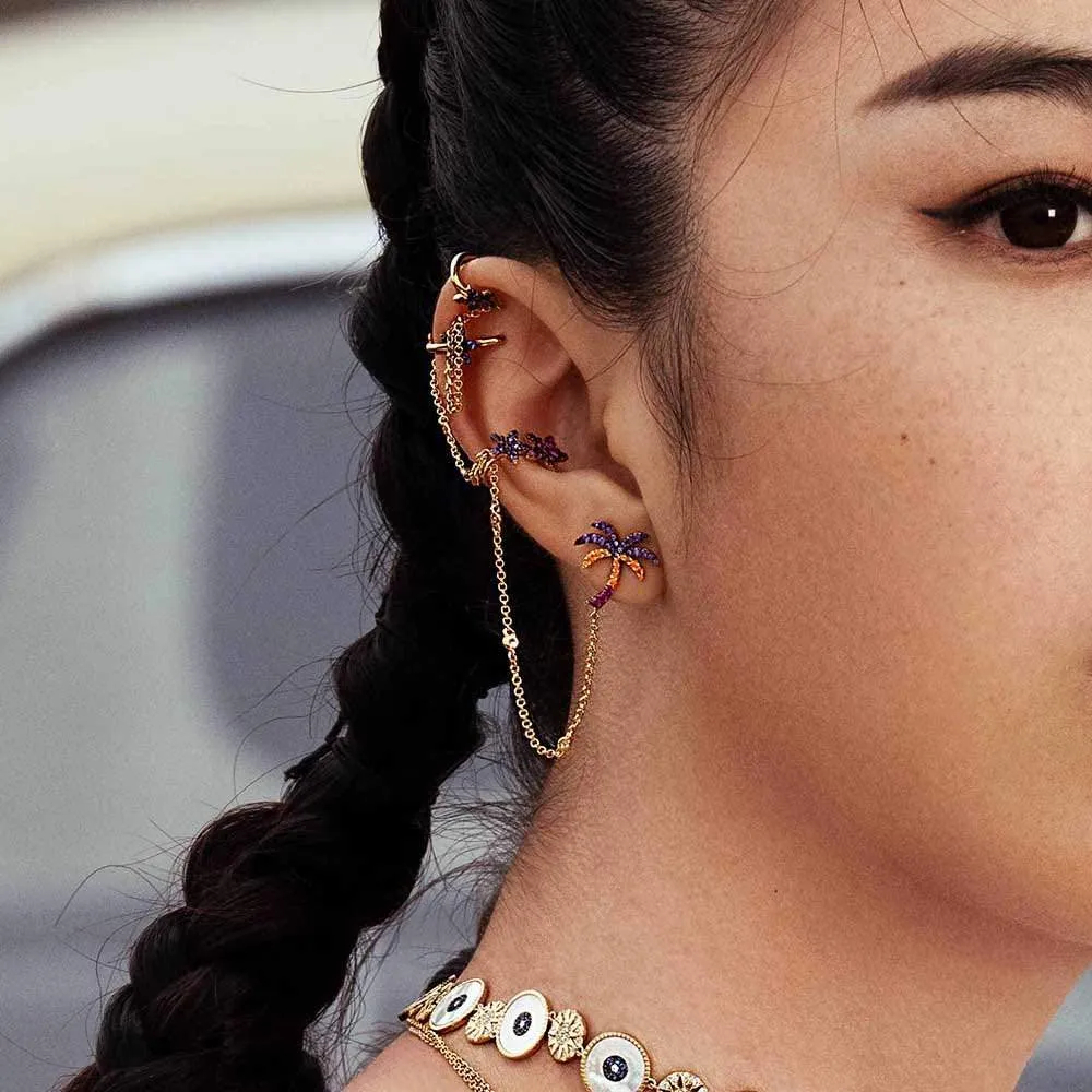 Single Tropical Floral and Palm Tree Ear Cuff - Yellow Silver