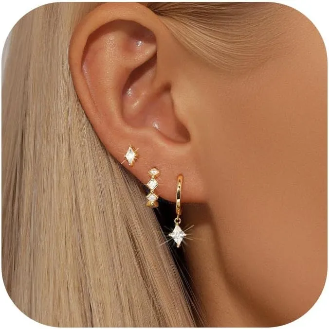 Small Gold Hoop Earrings Set for Multiple Piercings, Hypoallergenic CZ Huggie & Diamond Hoop Earrings Pack