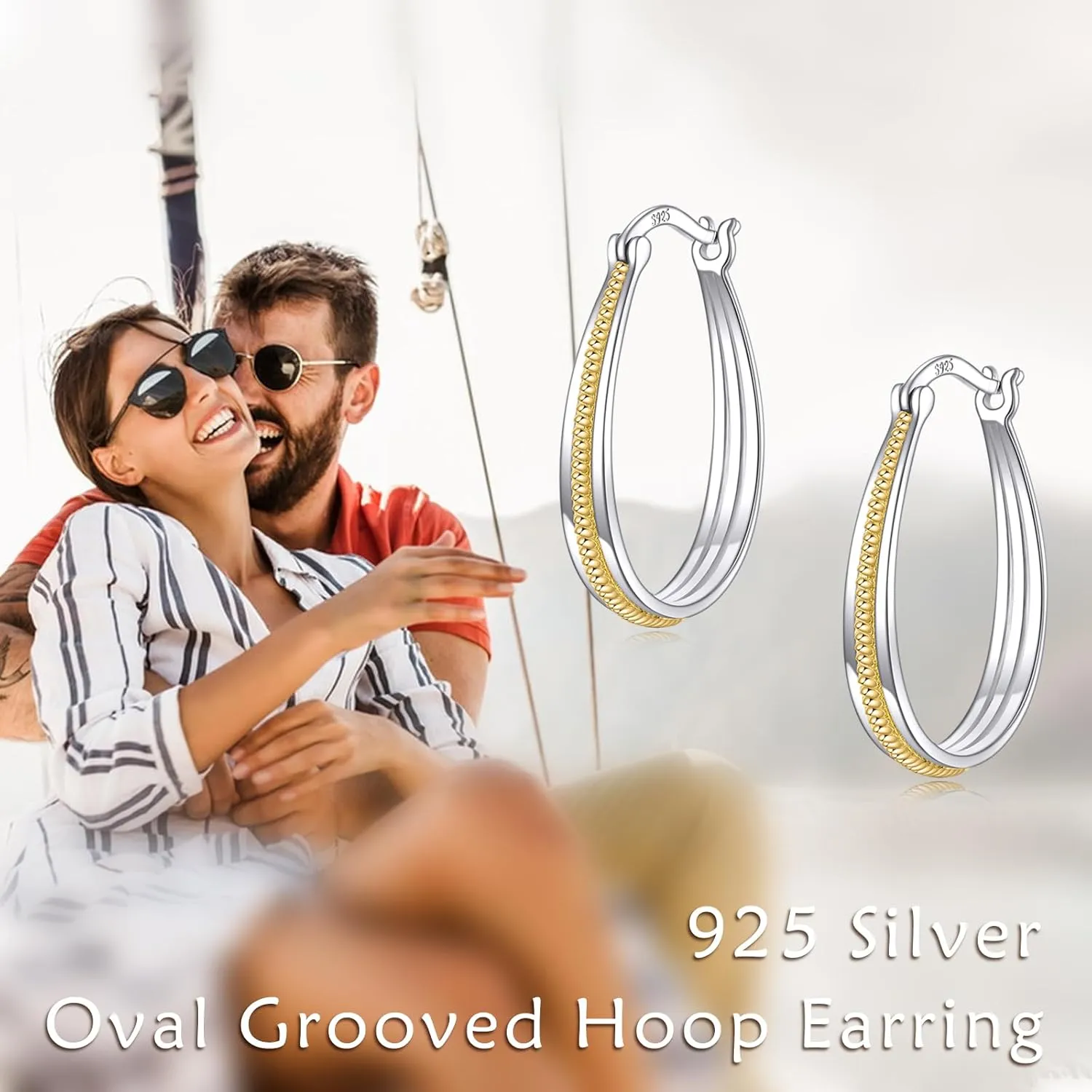 Small Sterling Silver Gold Hoop Earrings Oval Grooved Two Tone Hoops Earrings for Women