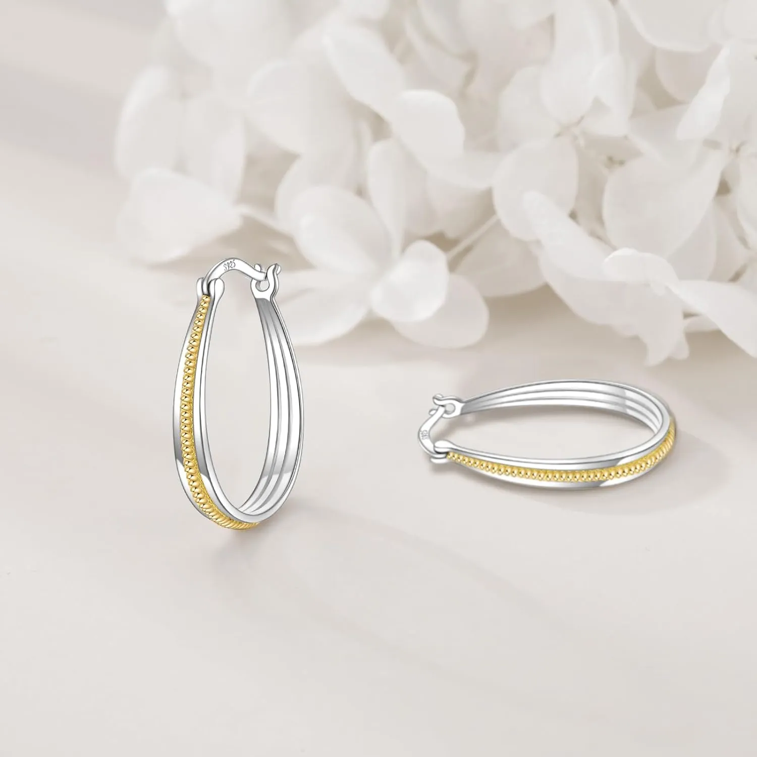 Small Sterling Silver Gold Hoop Earrings Oval Grooved Two Tone Hoops Earrings for Women