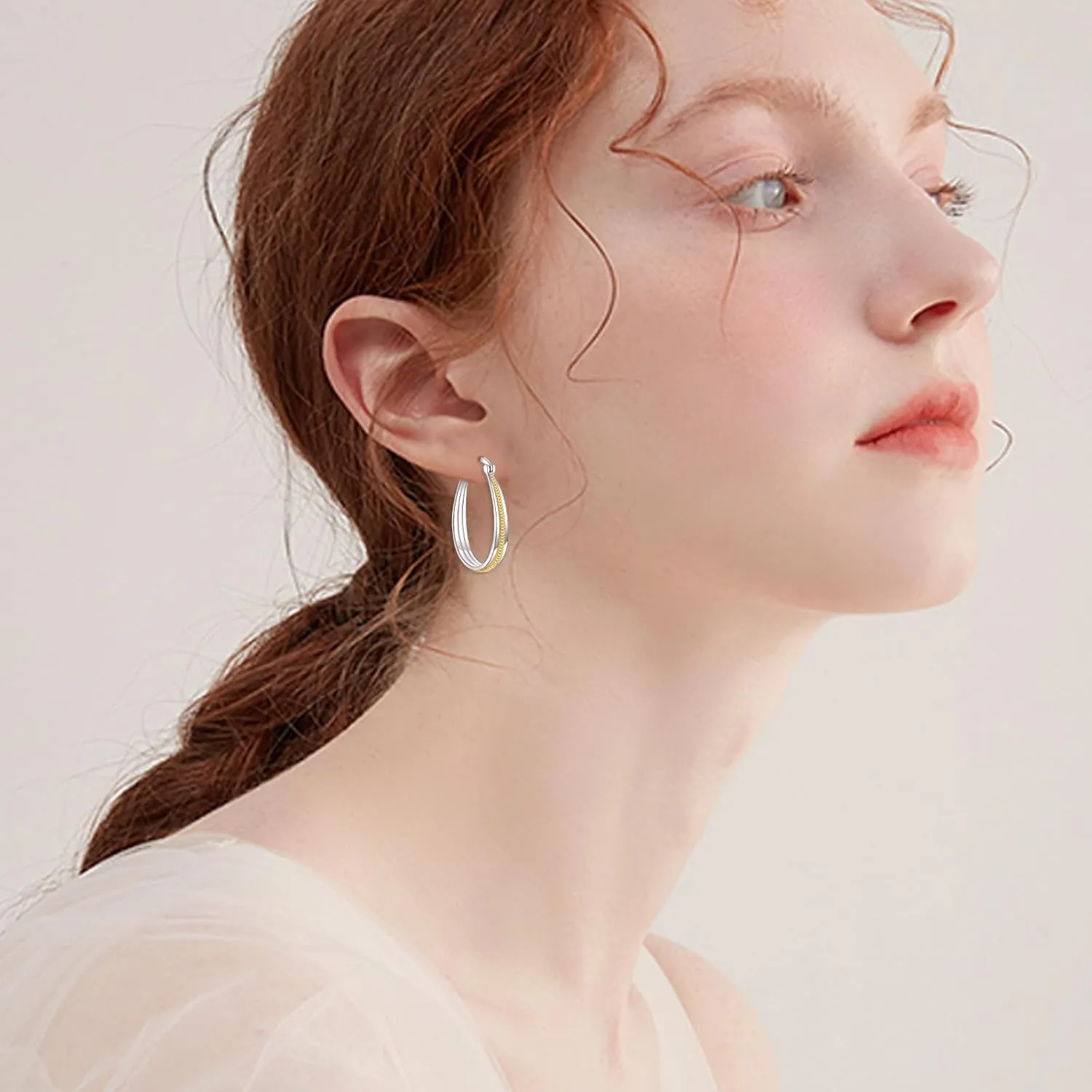 Small Sterling Silver Gold Hoop Earrings Oval Grooved Two Tone Hoops Earrings for Women