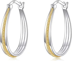 Small Sterling Silver Gold Hoop Earrings Oval Grooved Two Tone Hoops Earrings for Women